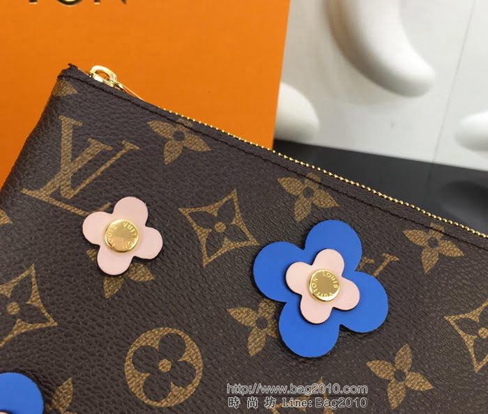 路易威登LV 頂級原單 M63905 藍色Pochette Double Zip鏈條錢夾 Blooming Flowers系列 花朵點綴Monogram 帆布 可手拿斜背  YDH2561